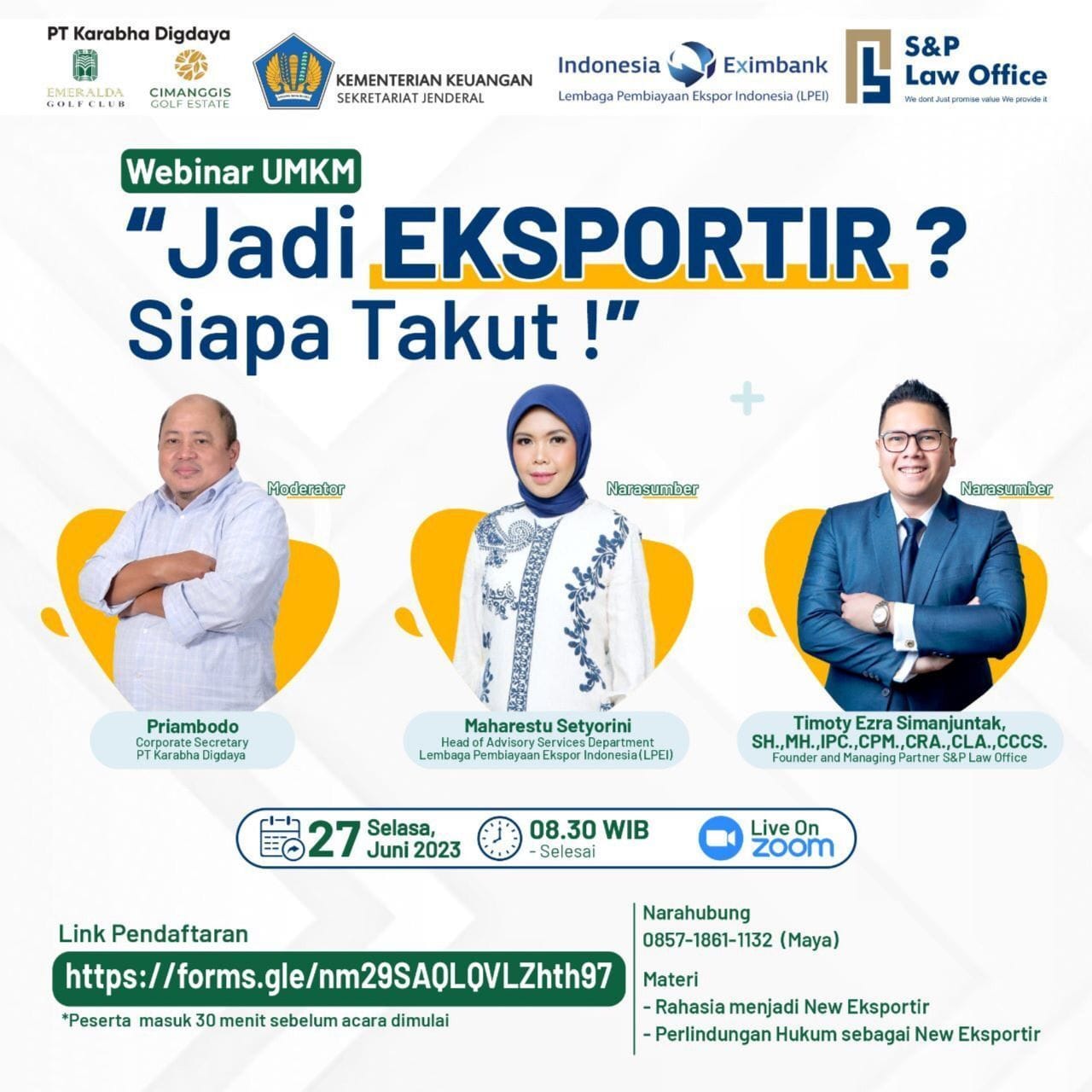  S&P law office in collaboration with PT Karabha Digdaya held a seminar on “Jadi Eksportir Siapa Takut” With Mr. Timoty Ezra Simanjuntak as the speaker. 