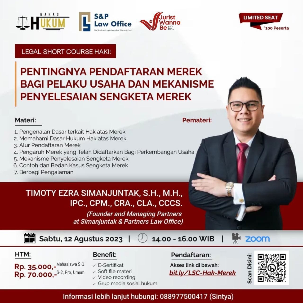  S&P law office in collaboration with Bahas Hukum held a seminar on “Pentingnya Pendaftaran Merek Bagi Pelaku Usaha Dan Mekanisme Penyelesaian Sengketa Merek” With Mr. Timoty Ezra Simanjuntak as the speaker. 