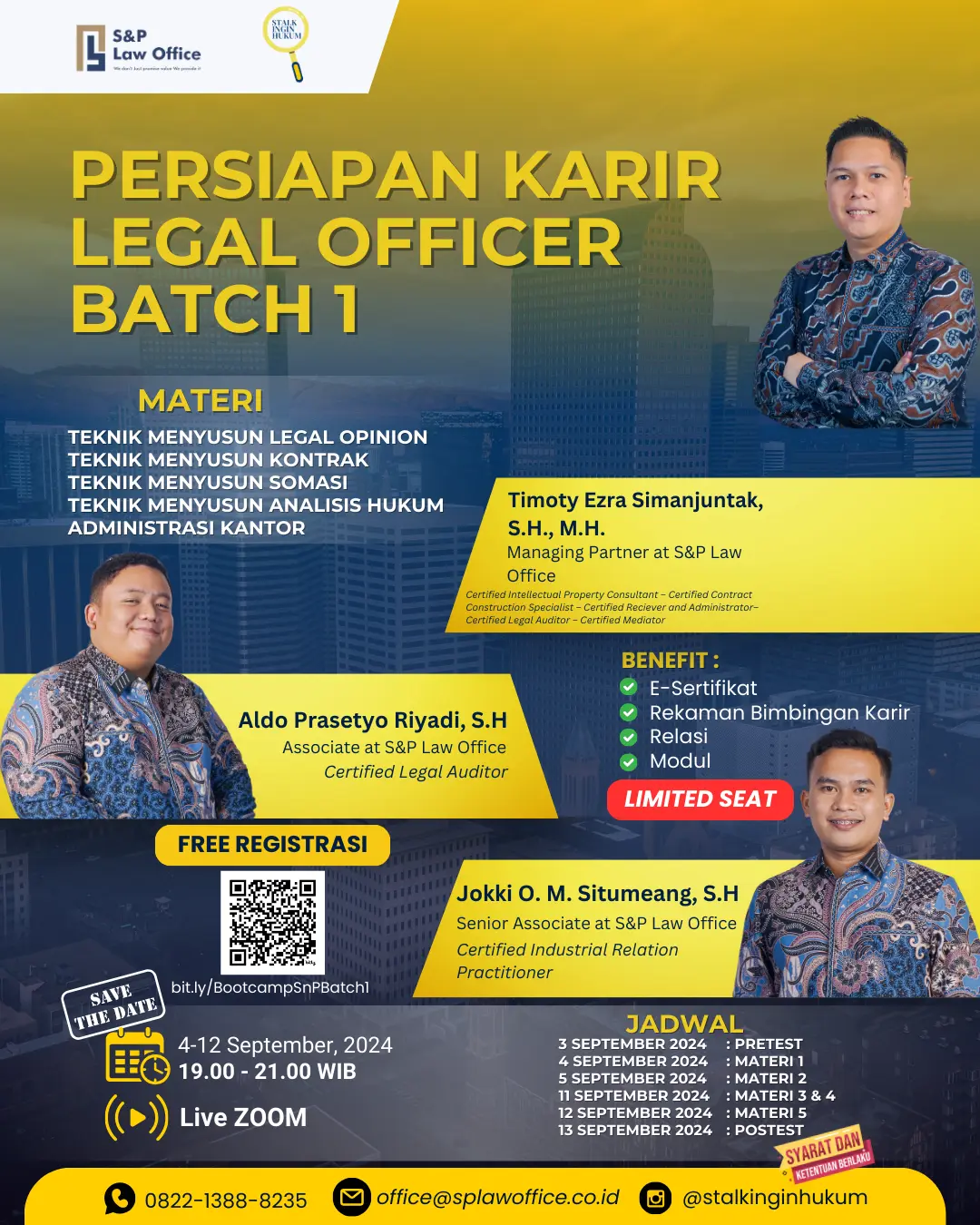  S&P law office in collaboration with stalkinginhukum held a Bootcamp on “Pelatihan Karir Legal Officer Batch 1”. 