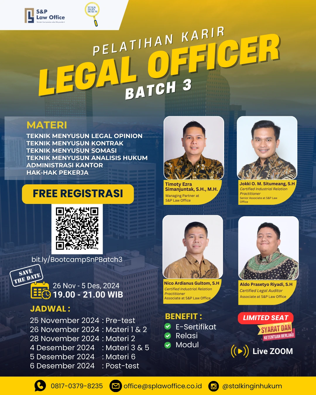  S&P law office in collaboration with stalkinginhukum held a Bootcamp on “Pelatihan Karir Legal Officer Batch 3” 