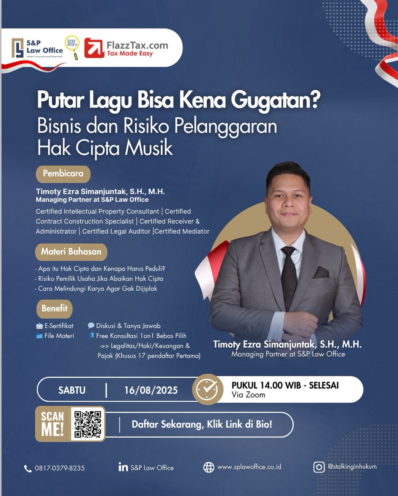  S&P law office in collaboration with Stalkinginhukum and FlazzTax.com held a Webinar Mahir Hukum Profesional on “Yuk, pelajari bareng kenapa hak cipta itu aset penting buat bisnis kamu langsung dari ahlinya!” With Timoty Ezra Simanjuntak, S.H., M.H. 